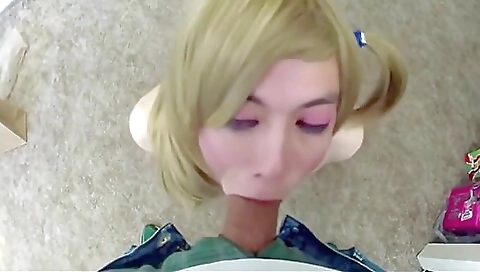 Blonde shemale deep throating guy in amateur porn clip