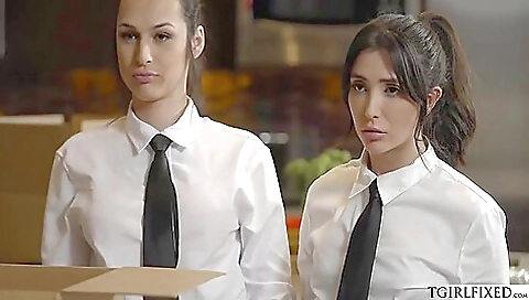 Busty brunette with big tits fucks a guy behind a counter