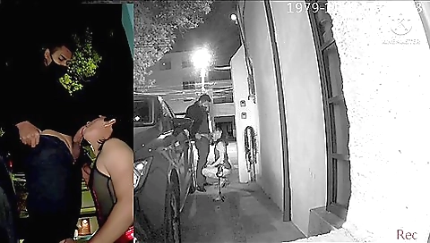 Sexy brunette gets ass licked in front of a vehicle