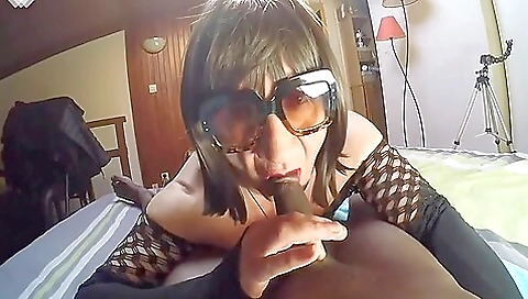 Bright eyed ebony milf in lingerie sucking and rubbing cock