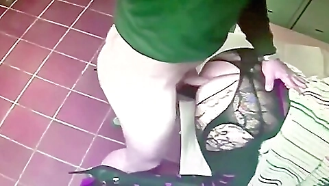 Horny brunette milf with big booty in stockings in cross dressing